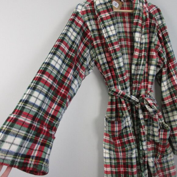 Pottery Barn Women's Plaid Robe Medium Red Multicolor Belted Long Sleeve 692 - Picture 6 of 10